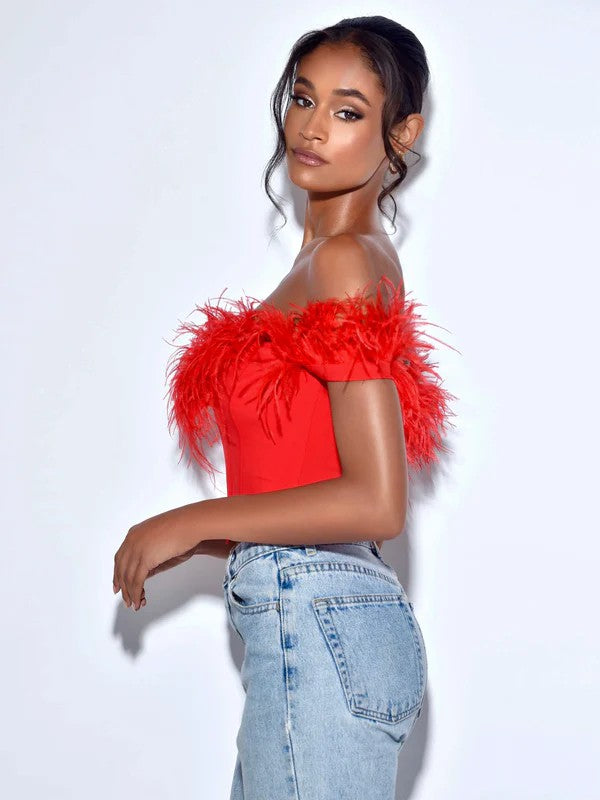 The Isabel Off-the-Shoulder Feather Top in Red