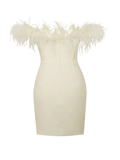 The Teresita White Off-the-Shoulder Feather Corset Dress