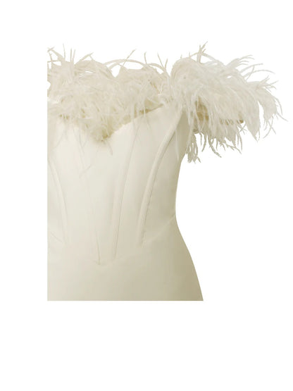 The Teresita White Off-the-Shoulder Feather Corset Dress